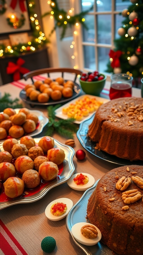 A festive Christmas party table with meatballs, deviled eggs, and fruitcake.